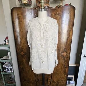 Johnny Was Cream Embroidered Lace Top